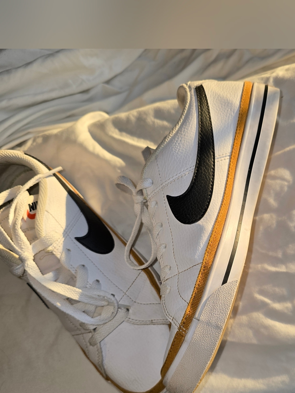 Nike Men’s Court Legacy White Sneakers with Black Swoosh and Tan Accent - Picture 4 of 7